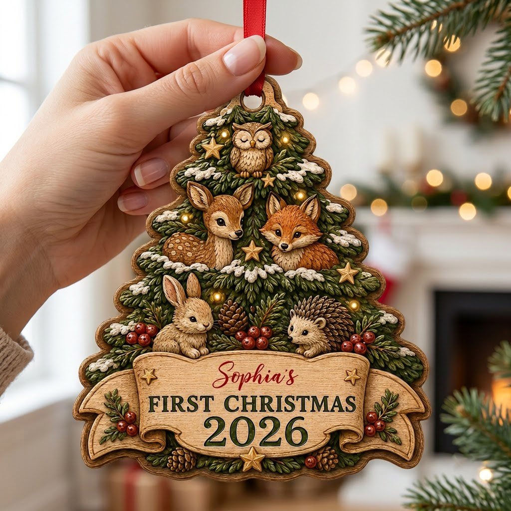 Personalized Woodland Animals Tree Baby's First Christmas Wood Ornament