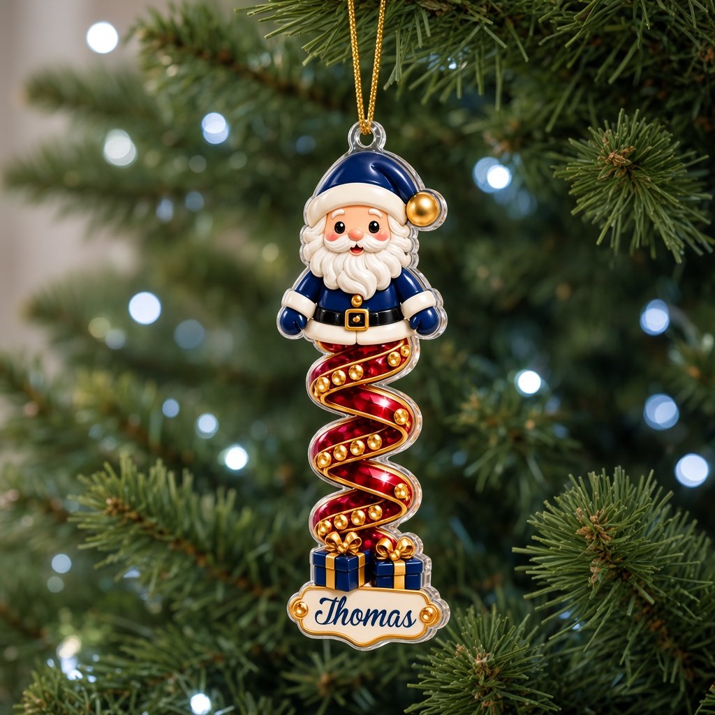 Clear acrylic ornament with a cartoon elf or Mrs. Claus, spiral ribbon body, holly, and a white name scroll.
