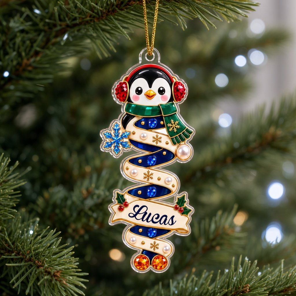 Custom-cut acrylic ornaments with gingerbread and Santa, spiral ribbons, and a holly-framed name banner.