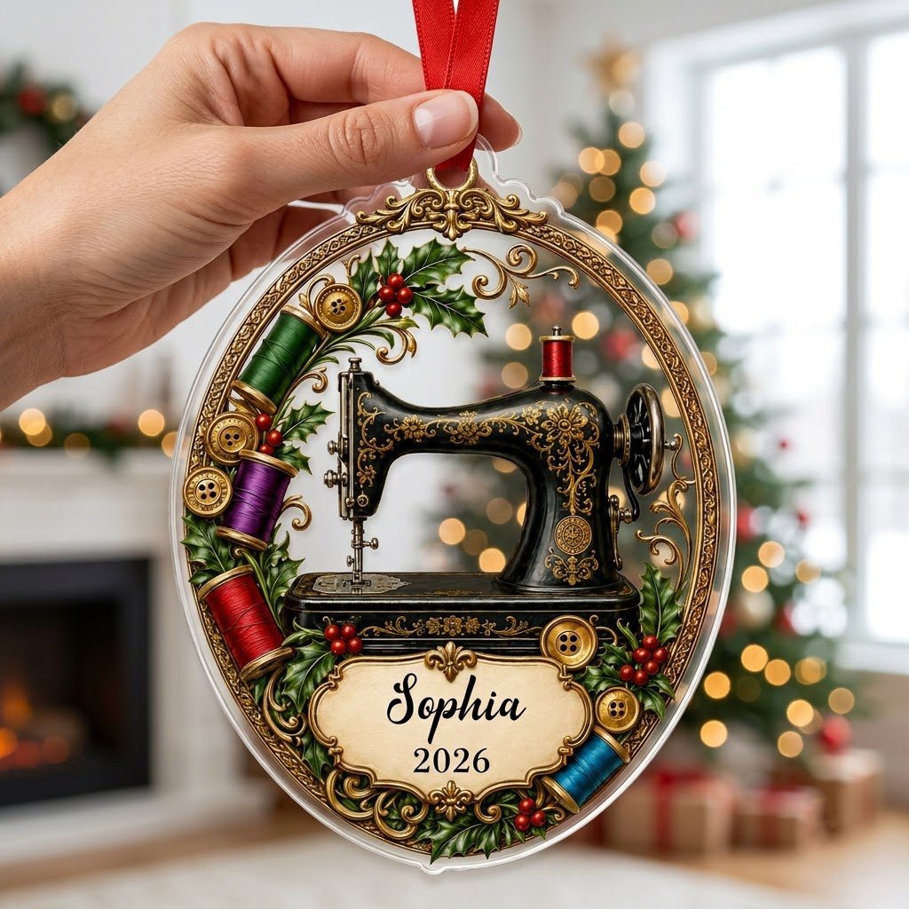 Personalized Vintage Sewing Machine Acrylic Ornament, Custom Quilter Seamstress Holiday Keepsake