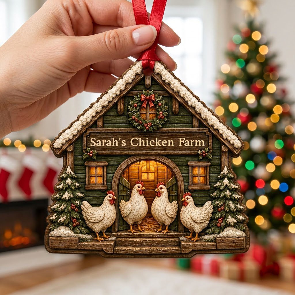 Personalized Winter Chicken Coop Wood Ornament, Custom Farmhouse Keepsake