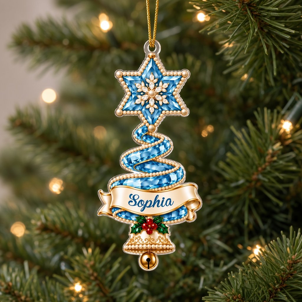 Custom-cut acrylic ornament of a jeweled ribbon Christmas tree with star topper, holly sprig, name banner, and a gold be
