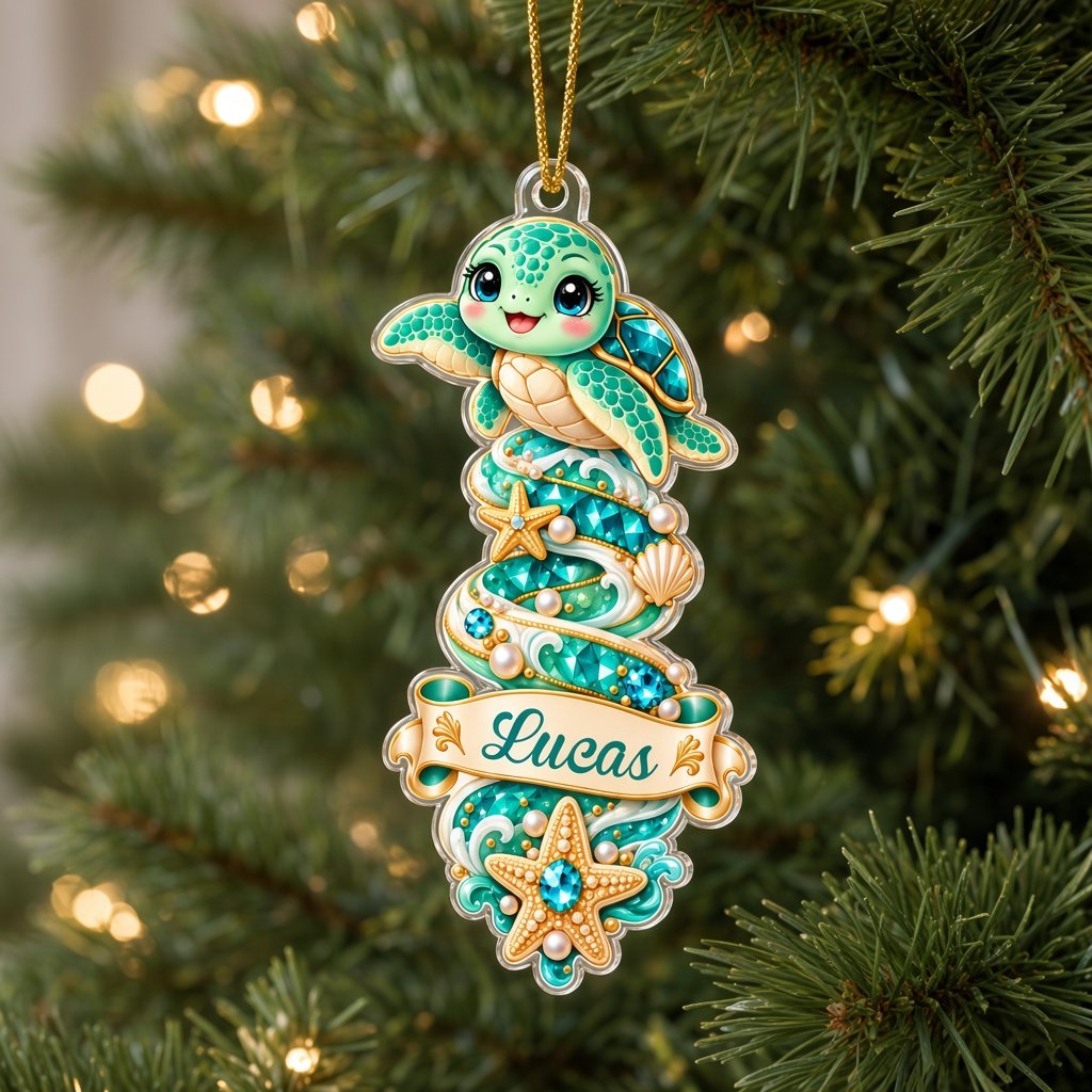 Clear acrylic ornament with a dolphin or seahorse, ocean banners, starfish, seashells and gemstones.