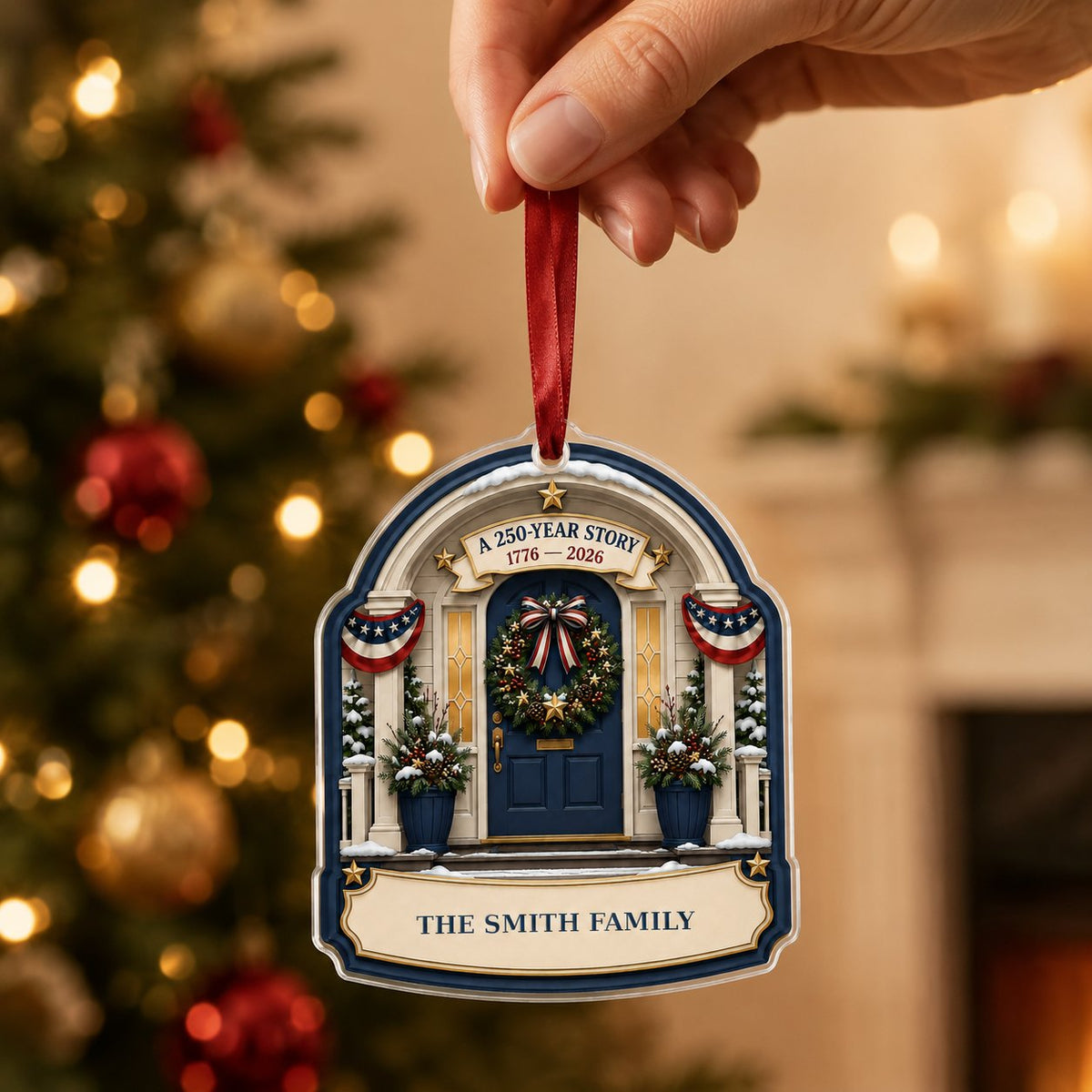 Personalized America 250th Anniversary Front Porch Acrylic Ornament, Custom Patriotic Keepsake