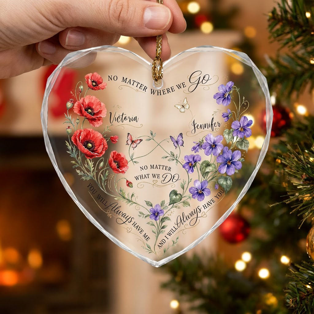 Faceted heart glass ornament with red poppies, purple violets, three butterflies, and two personalized names.