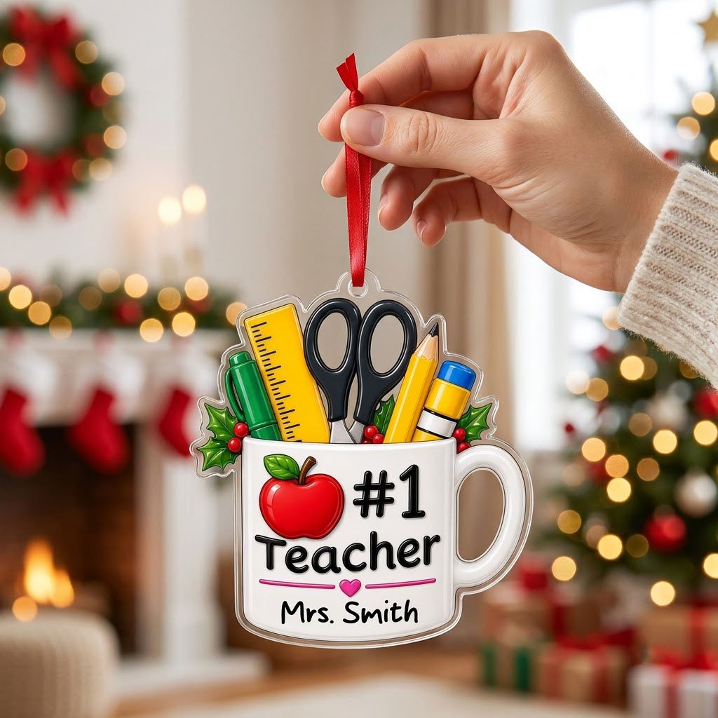 Personalized #1 Teacher Coffee Mug Acrylic Ornament, Custom School Appreciation Keepsake