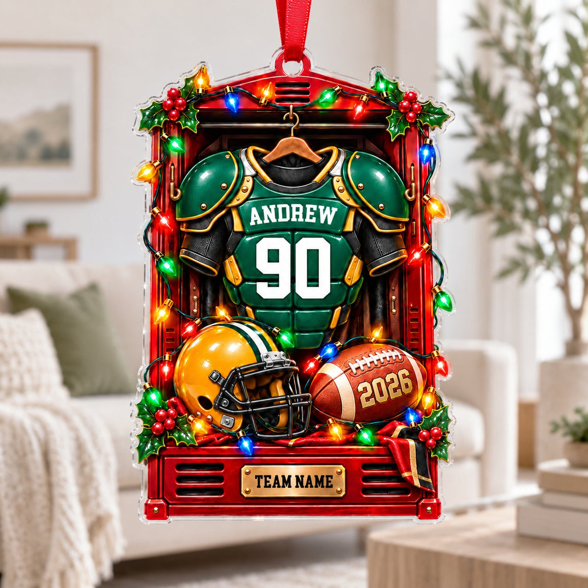 Red locker ornament with green jersey, yellow helmet and football, Christmas lights, personalized name and number.