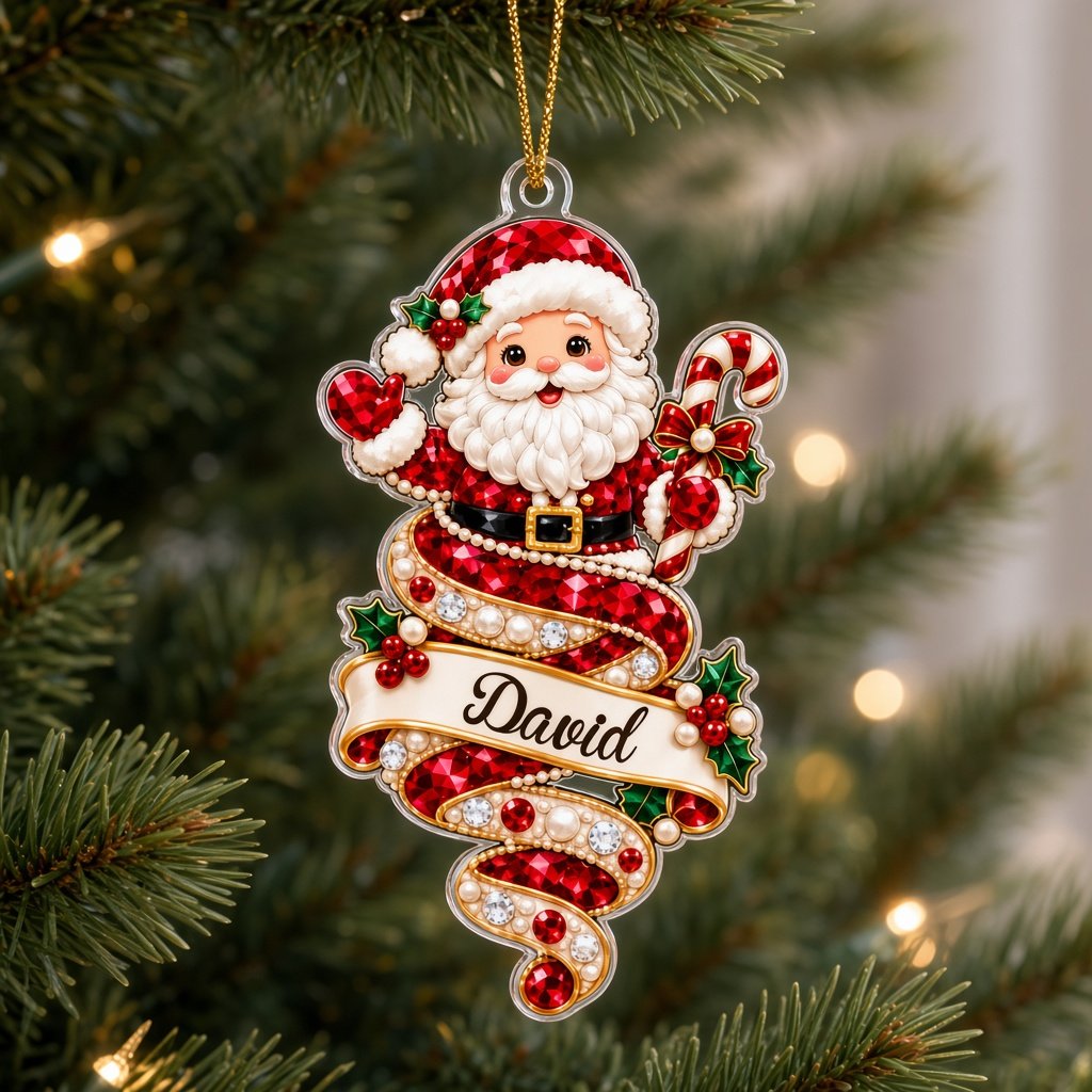 Custom acrylic ornament with a cute elf and smiling snowman on jeweled swirl banners with personalized names