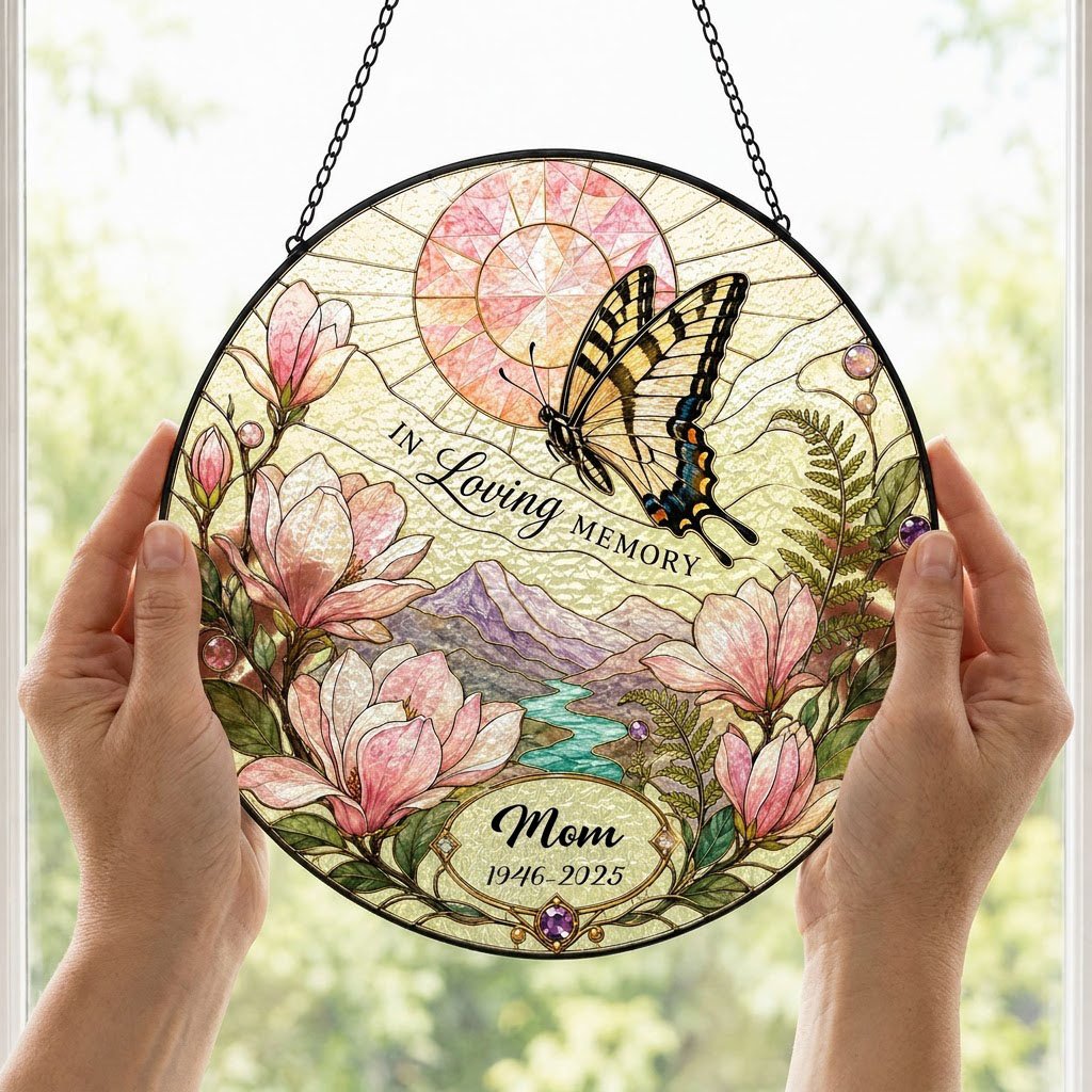 Personalized Butterfly Magnolia Sunset Landscape In Loving Memory Stained Glass Round Suncatcher