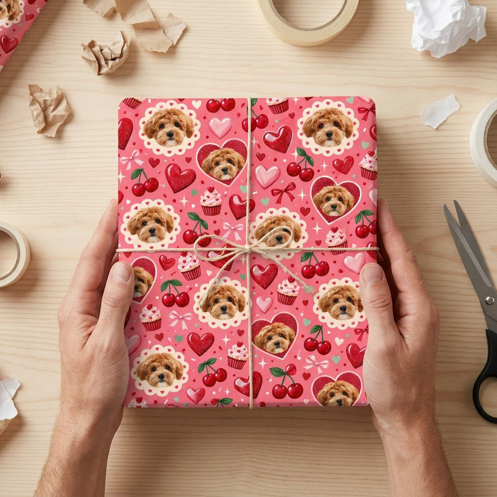 Pink gift wrap with light brown puppy faces, hearts, cherries, cupcakes, bows and sparkles in a repeating pattern