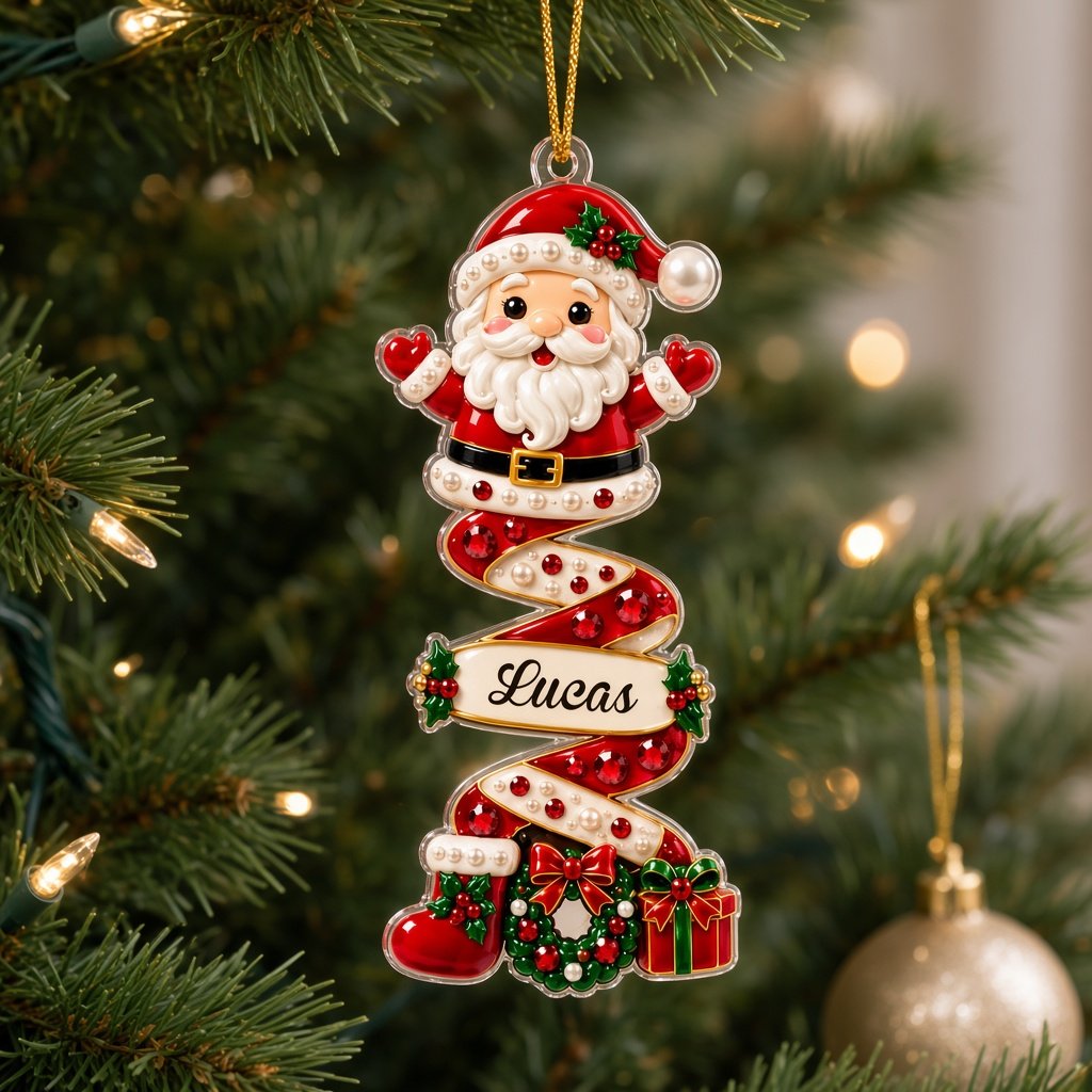Custom-cut acrylic ornament with a ribbon tree or snowman on a spiral ribbon, personalized with a name on the ribbon.