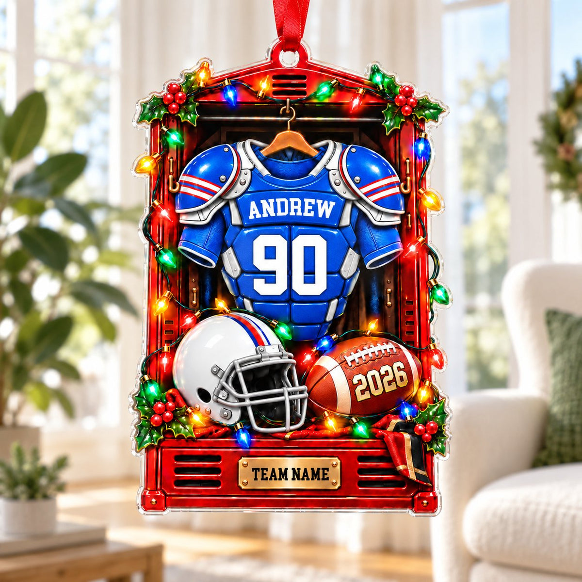 Acrylic ornament shaped like a red football locker with lights, jersey, helmet, football and gold nameplate.