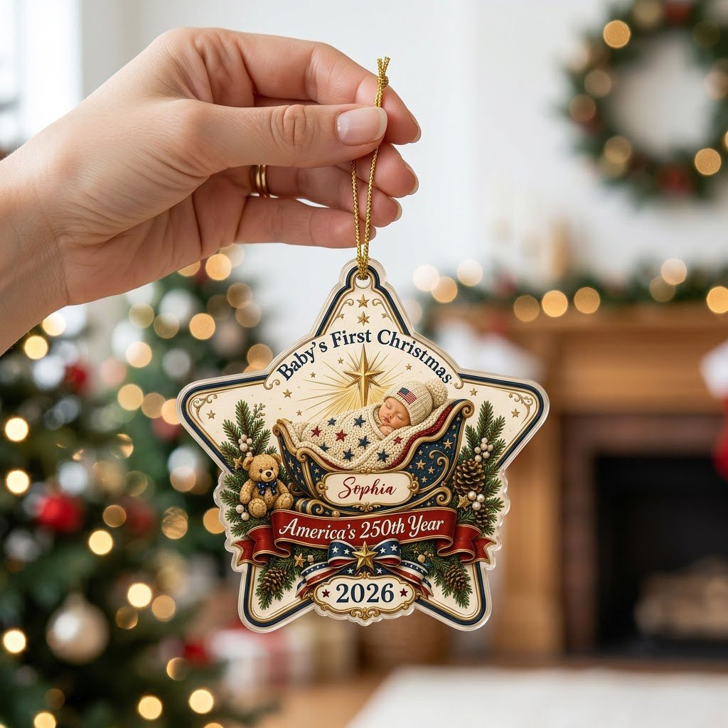 Personalized America 250th Baby's First Christmas Acrylic Ornament, Custom Patriotic Newborn Keepsake