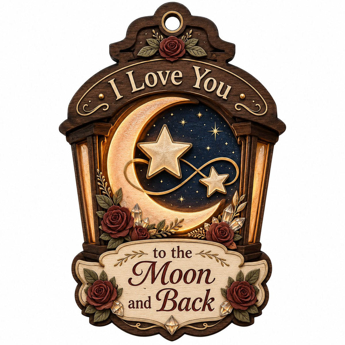 Wood ornament with red roses, crescent moon and stars on a night sky, and the phrase I Love You to the Moon and Back.