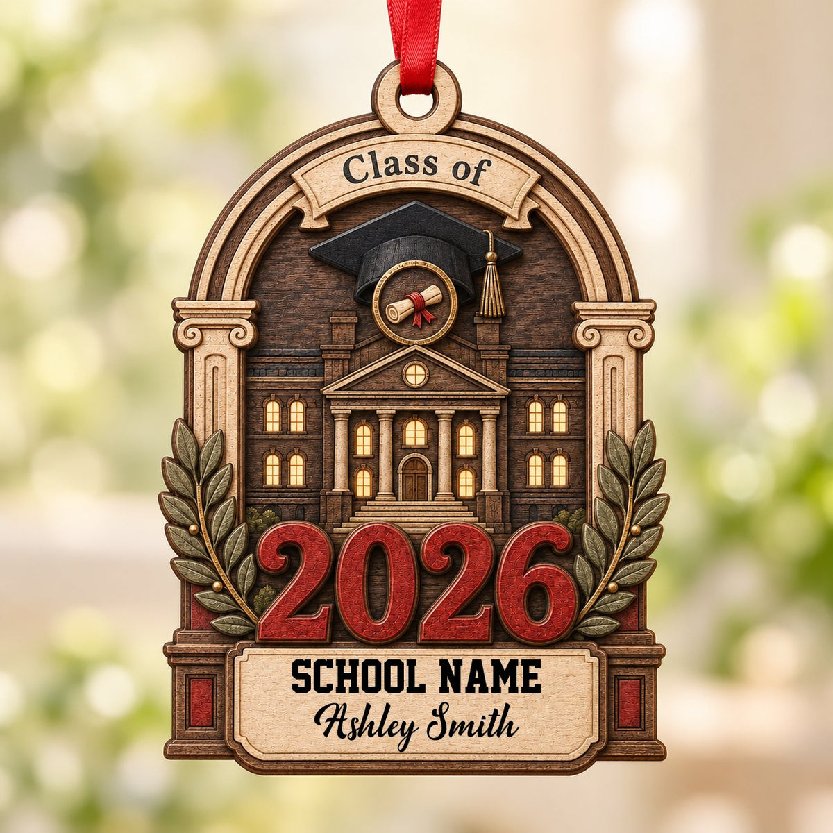 Personalized Class of Graduation Crest Wood Ornament with Cap, Diploma & Laurels