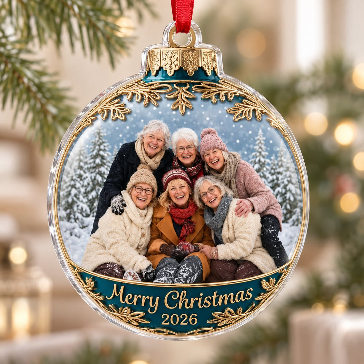 Clear acrylic bauble ornament with photo of six women in snowy pines, gold filigree, teal banner and Merry Christmas tex