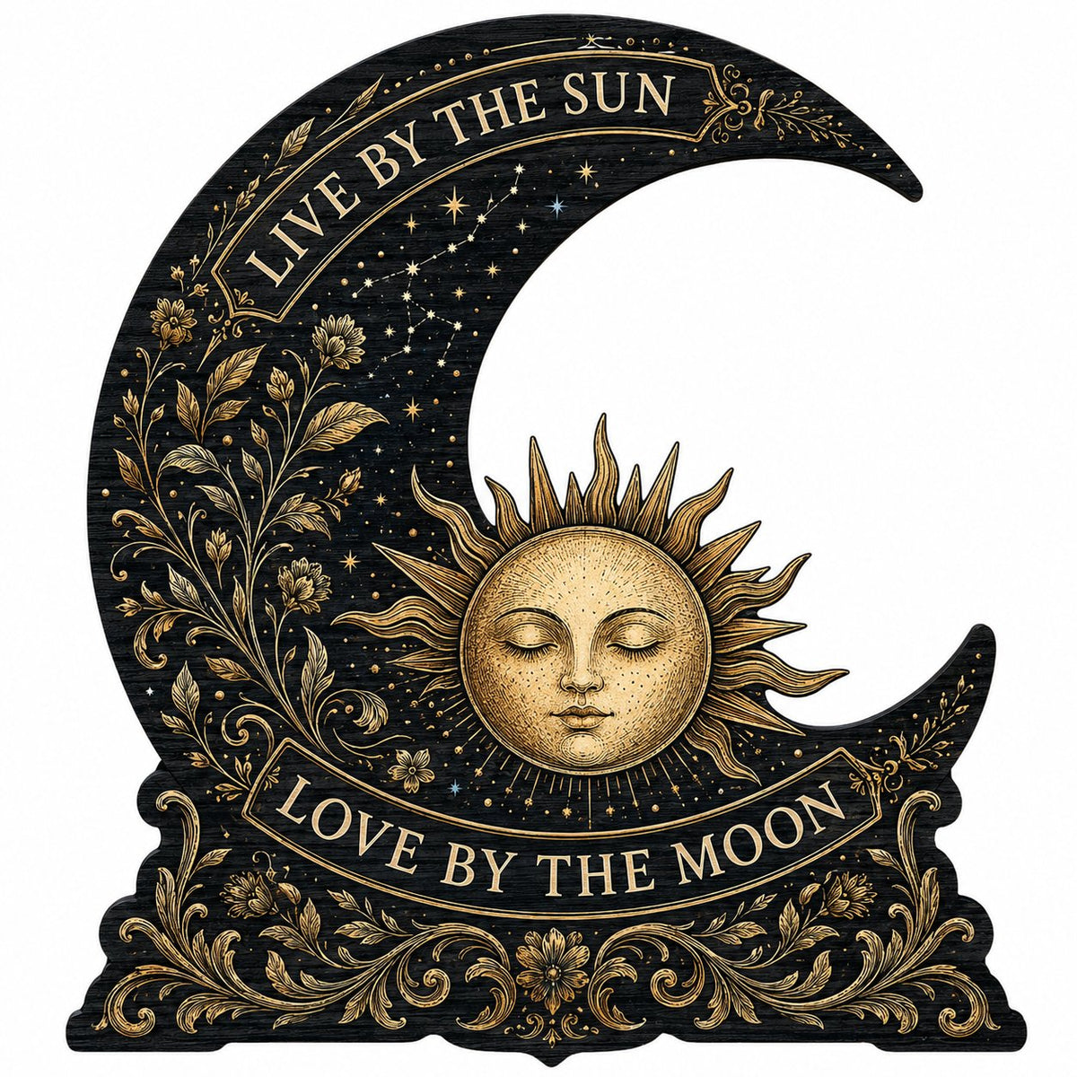 Crescent moon and sleeping sun wooden sign with gold constellations and words Live by the Sun, Love by the Moon.