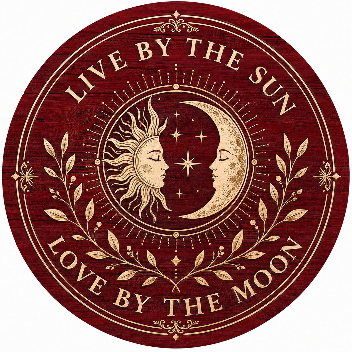 Round wooden sign with sun and crescent moon faces, stars, vines, and the quote Live by the Sun, Love by the Moon.