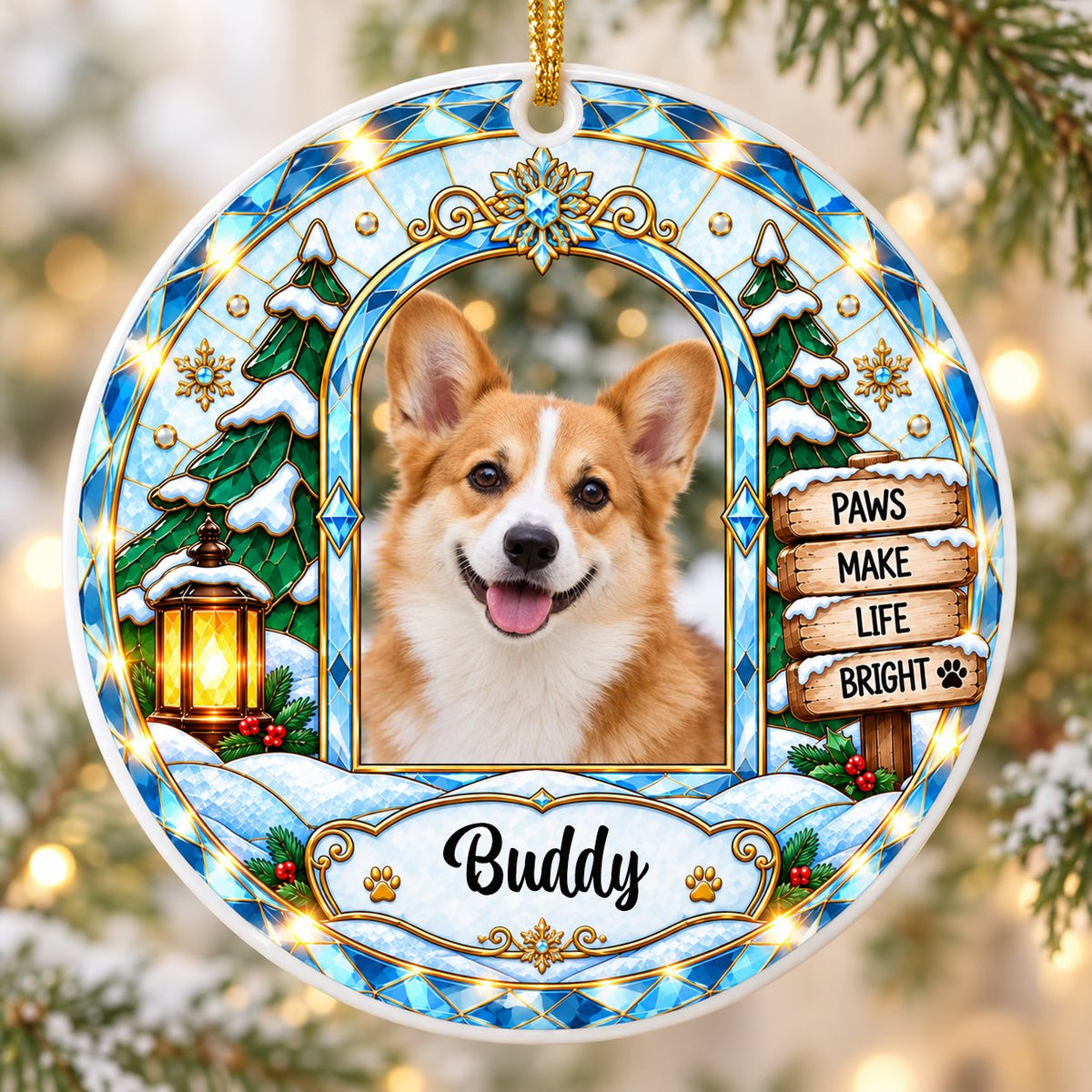 Round ceramic ornament with blue and gold stained-glass border, dog photo center, snow tree, gold lantern, holly, signpo