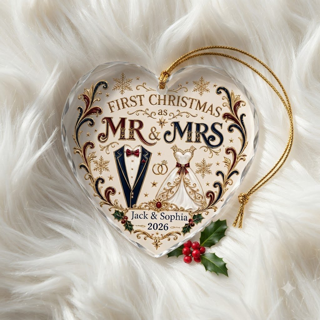 Personalized First Christmas as Mr & Mrs Tuxedo Gown Heart Glass Ornament