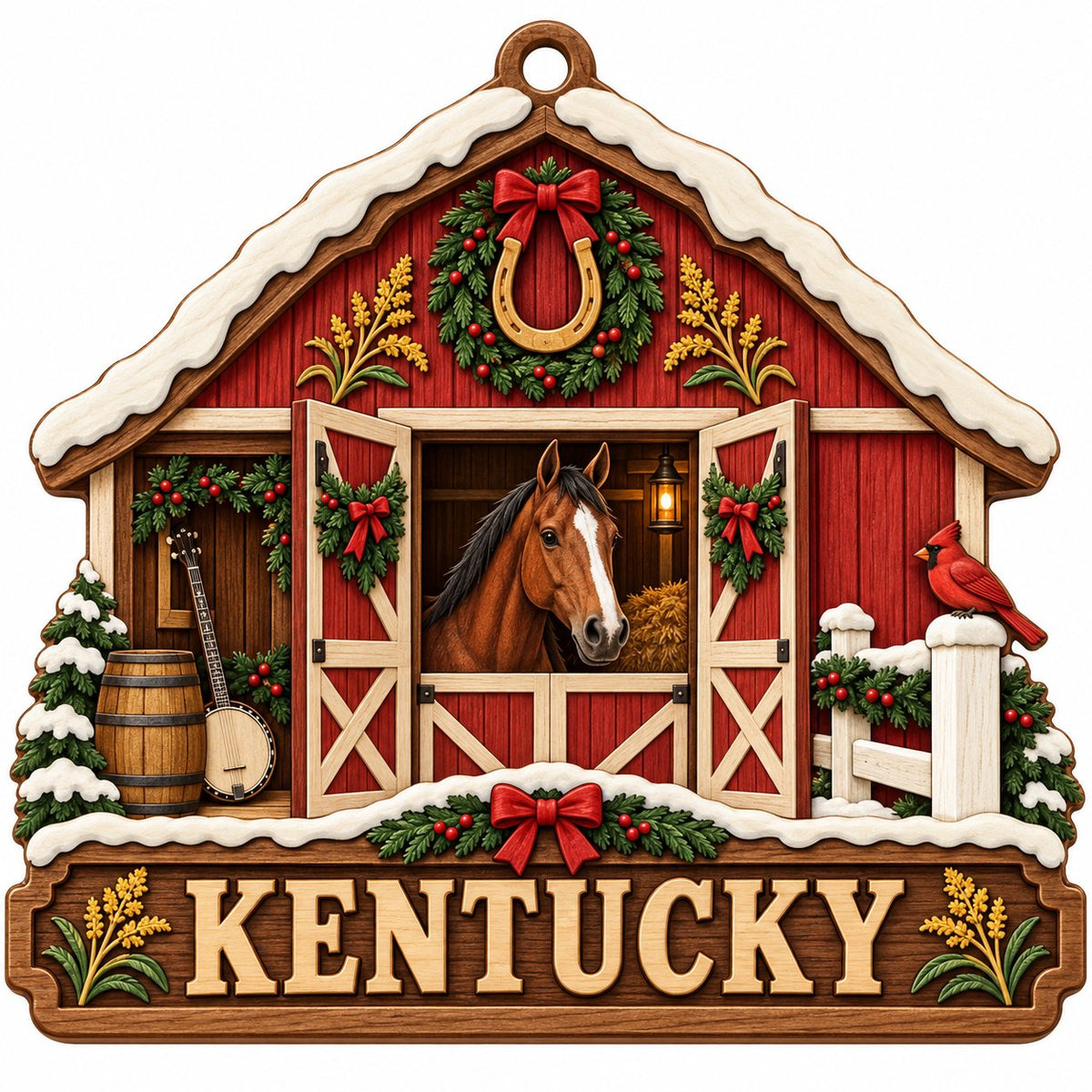 Snow-topped red barn ornament with brown horse, horseshoe wreath, wheat, and “KENTUCKY” text on a barn silhouette.