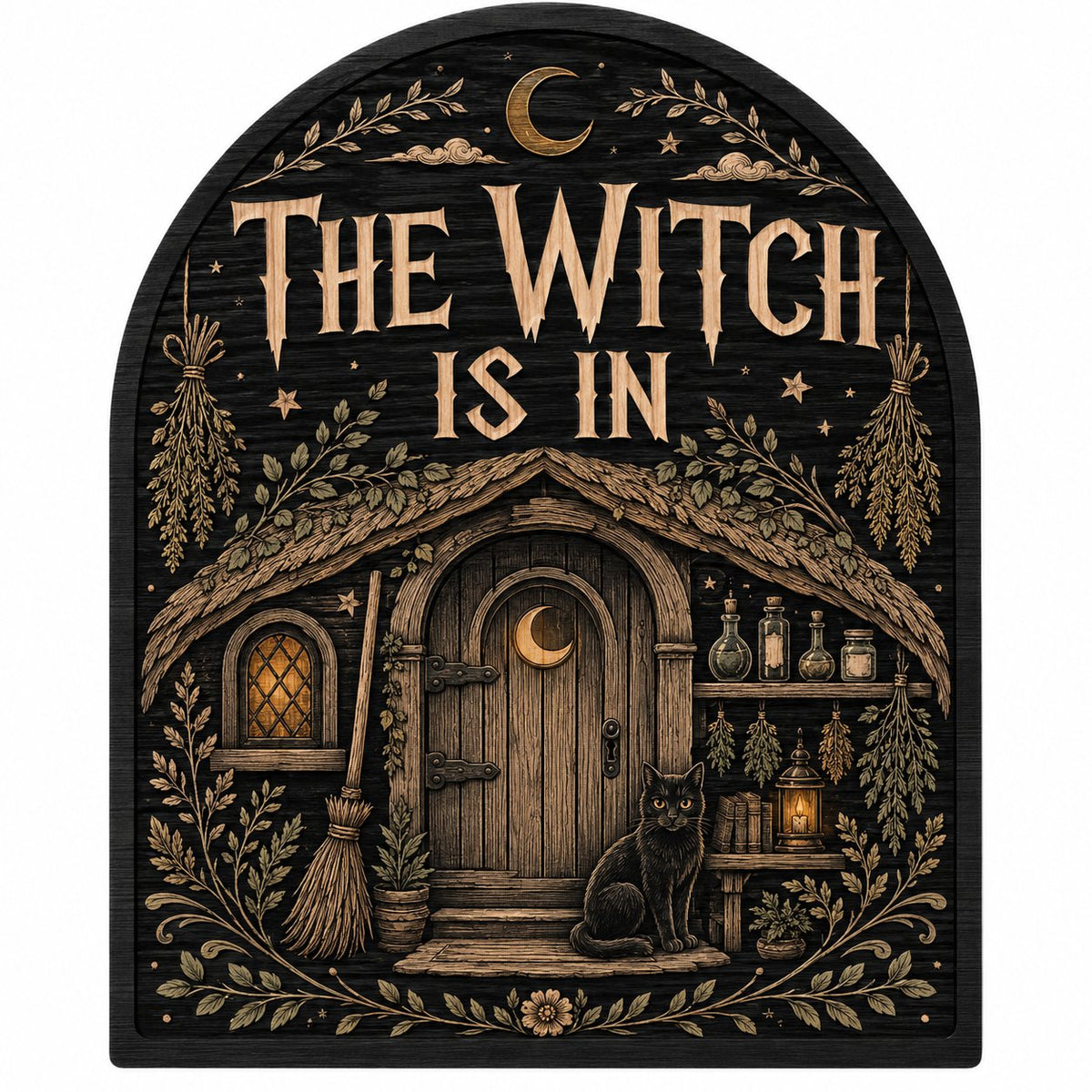 Arch wood sign with "THE WITCH IS IN", witch cottage, black cat, broom, herbs and lantern details.