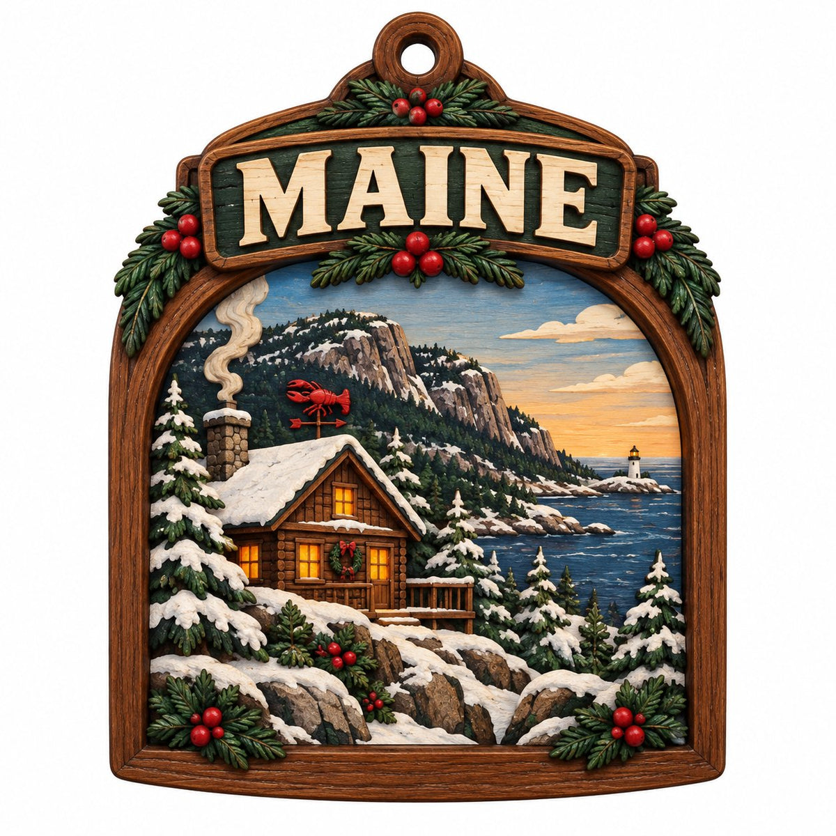 Arch-shaped wood ornament with "MAINE", snowy log cabin, pine trees, ocean lighthouse, and holly accents.