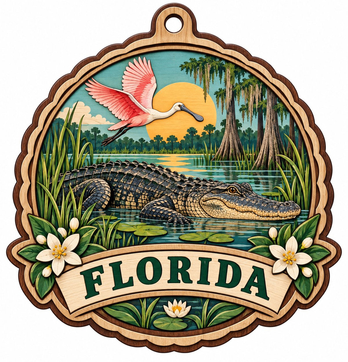 Scalloped wood ornament with alligator, pink spoonbill, sun, cypress trees, and 'FLORIDA' on a bottom banner.