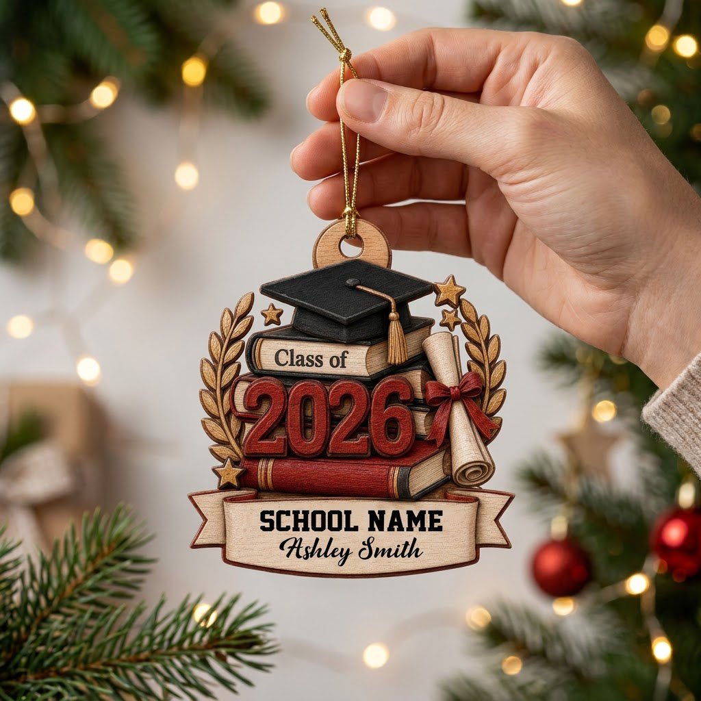 Graduation cap with gold tassel atop books, large 2026 numbers, a red-tied diploma, laurel leaves, stars, and a bottom b
