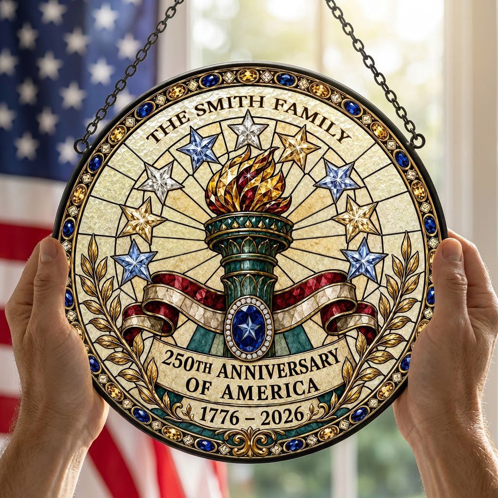 Round stained-glass suncatcher with Statue of Liberty torch, stars, ribbon, laurel, and 250th Anniversary text.