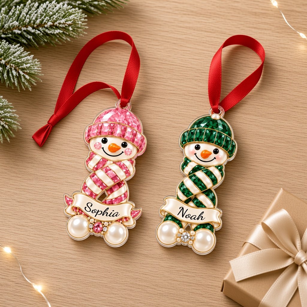 Custom-cut acrylic snowman ornament with jeweled hat and scarf, name banner, and faux pearl base.