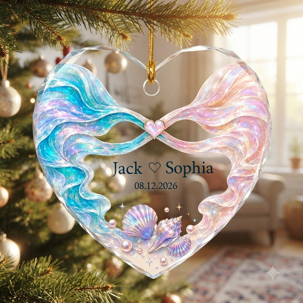 Personalized Iridescent Ribbon Seashell Heart Glass Ornament