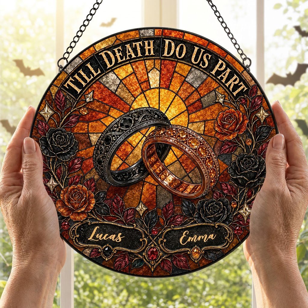 Personalized Gothic Wedding Rings Till Death Do Us Part Stained Glass Round Suncatcher