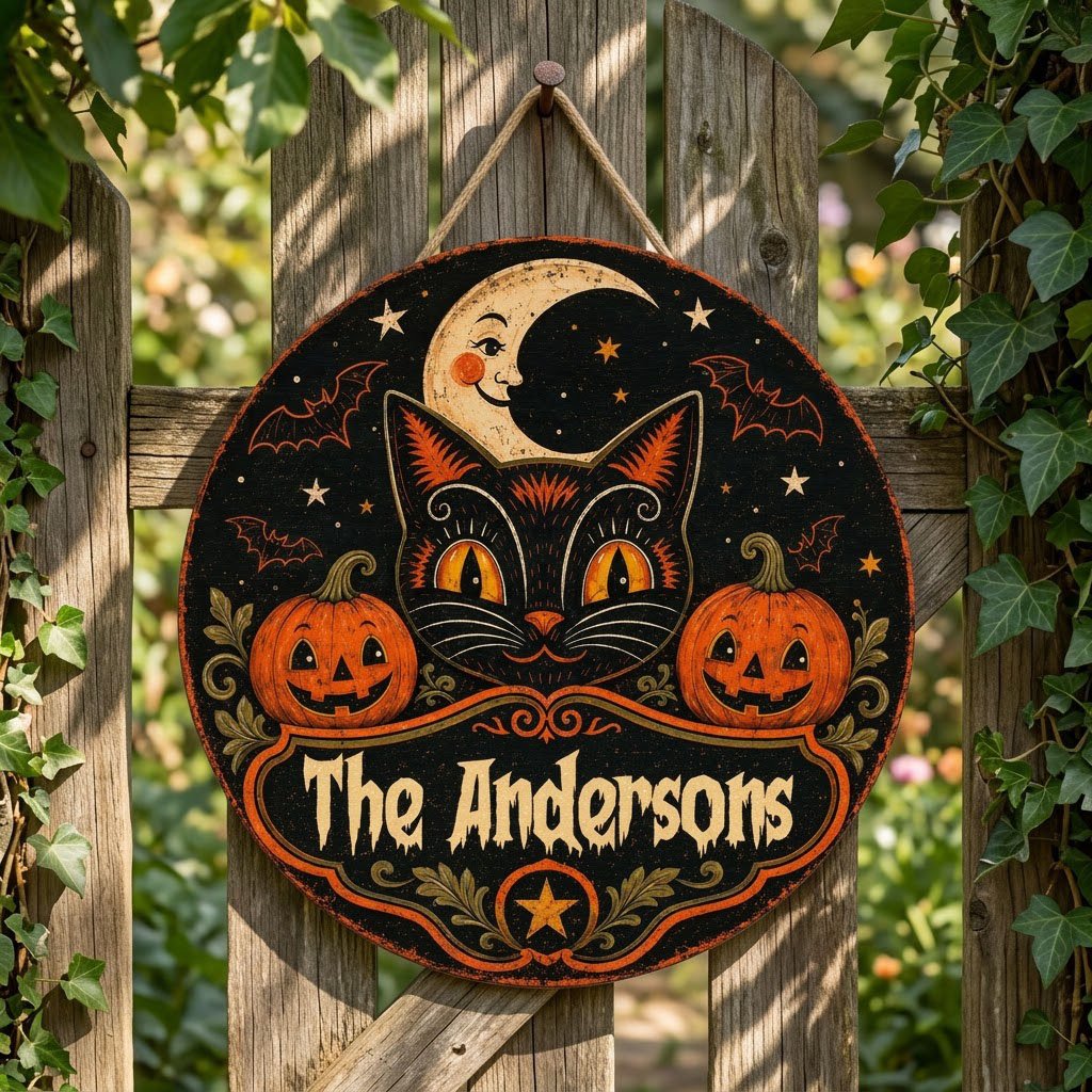 Round wooden sign with vintage black cat face, crescent moon, pumpkins, bats, stars and custom family name.