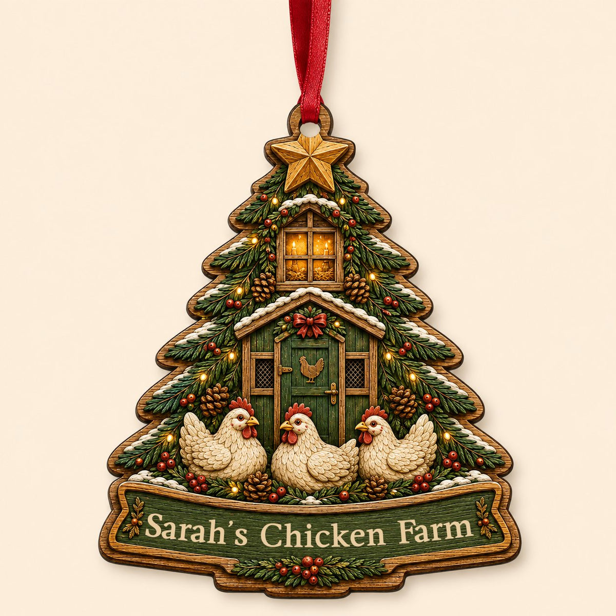 Personalized Christmas Tree Chicken Coop Wood Ornament, Custom Farmhouse Keepsake