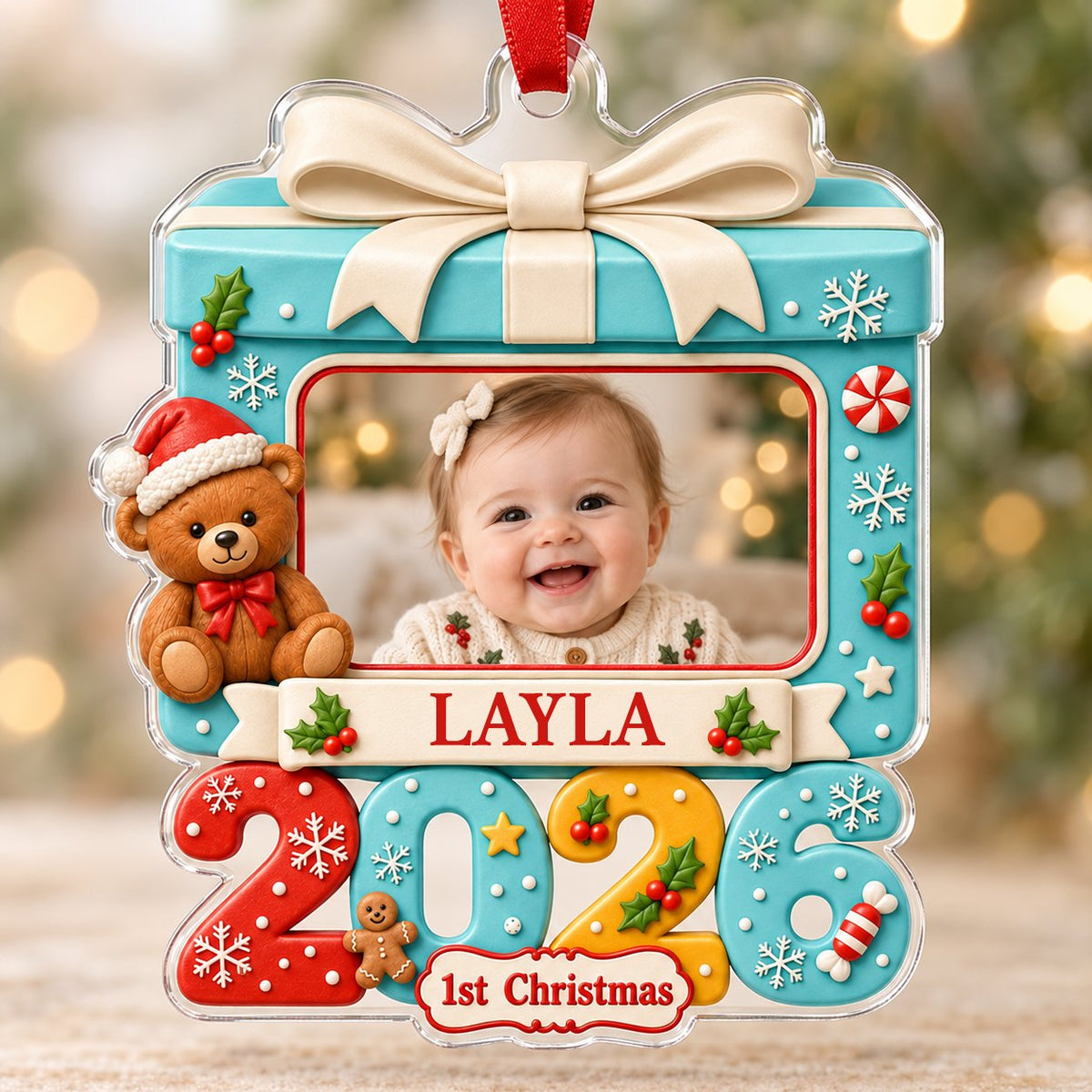 Light blue gift-box photo ornament with cream bow, teddy bear, red trim, and colorful 2026 base with 1st Christmas.