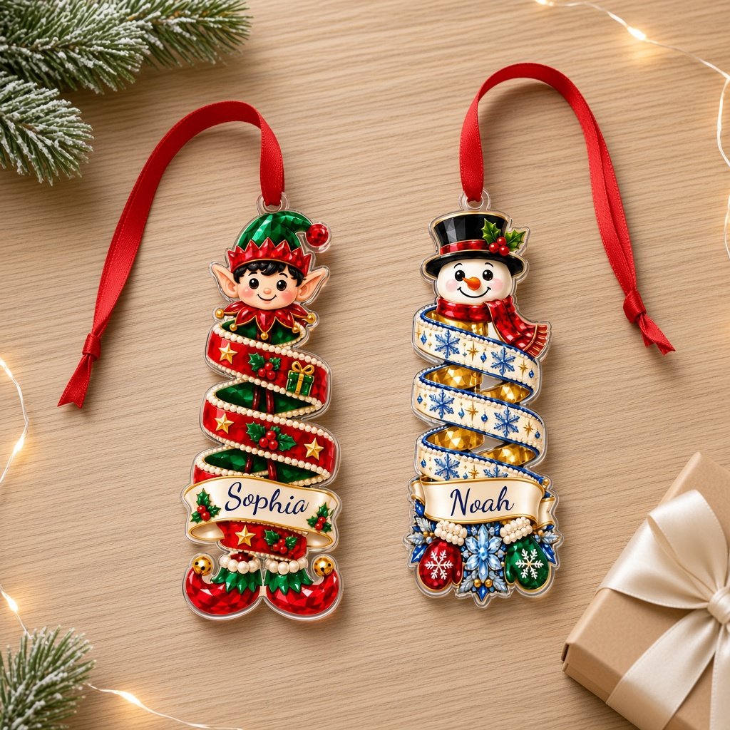 Custom-cut acrylic ornaments of elf, gingerbread reindeer, tree, snowman and Santa with a white name banner and decorati