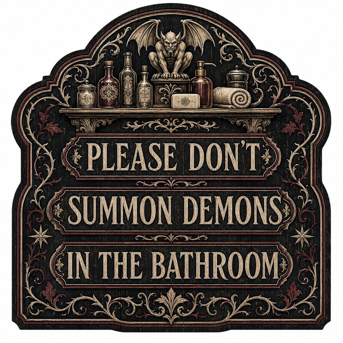 Ornate arched wooden sign with a gargoyle shelf and the message Please Don't Summon Demons in the Bathroom.