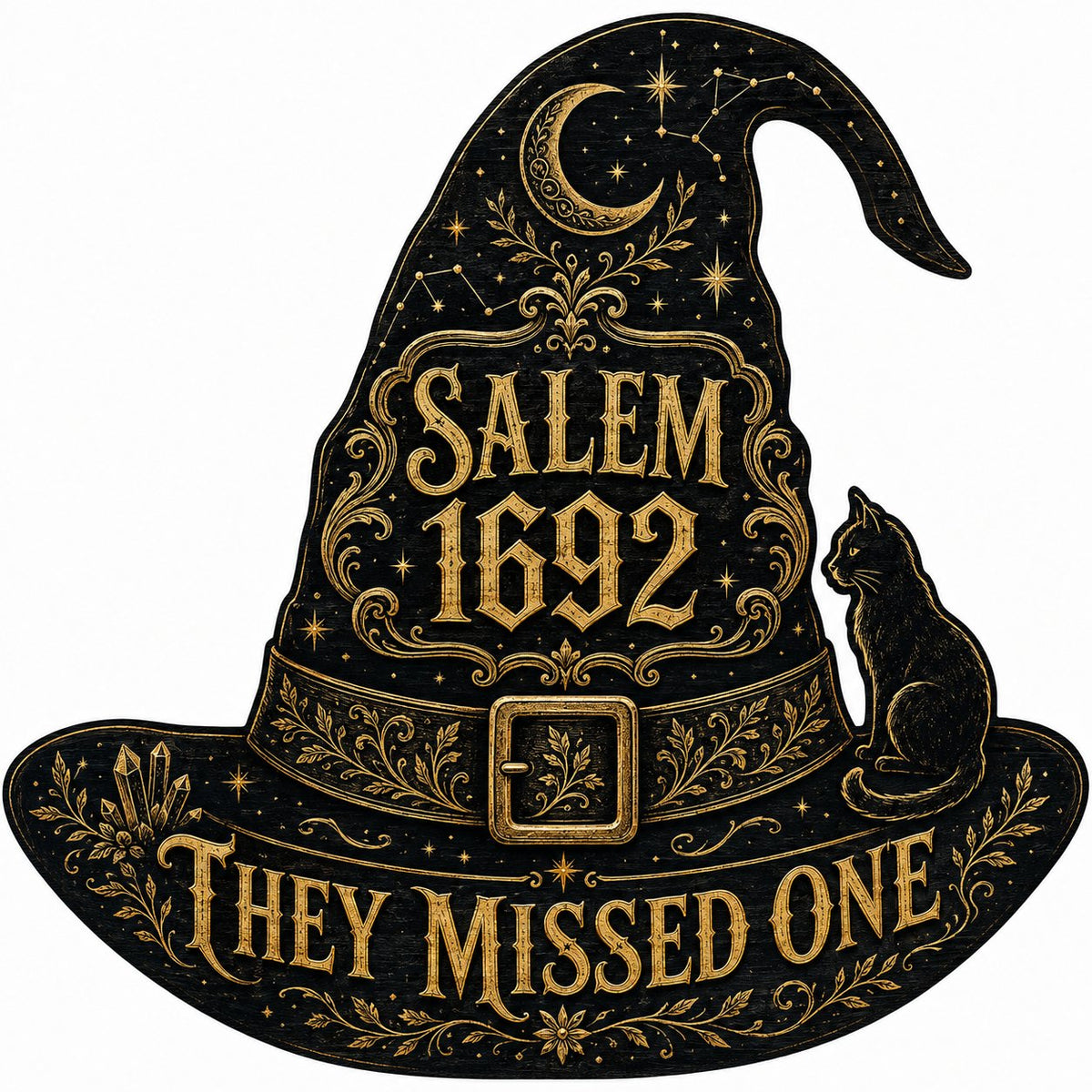 Witch hat-shaped wooden sign with 'SALEM 1692 THEY MISSED ONE', crescent moon, stars, filigree, and a black cat on the b