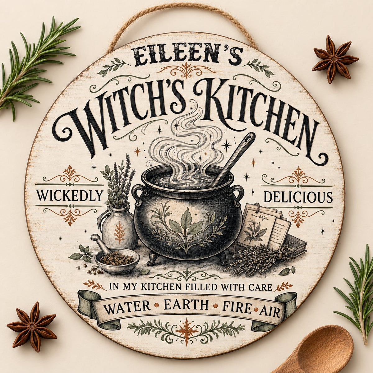 Round wooden hanging sign with a bubbling cauldron, herbs, spellbook, stars and the words Witch's Kitchen.