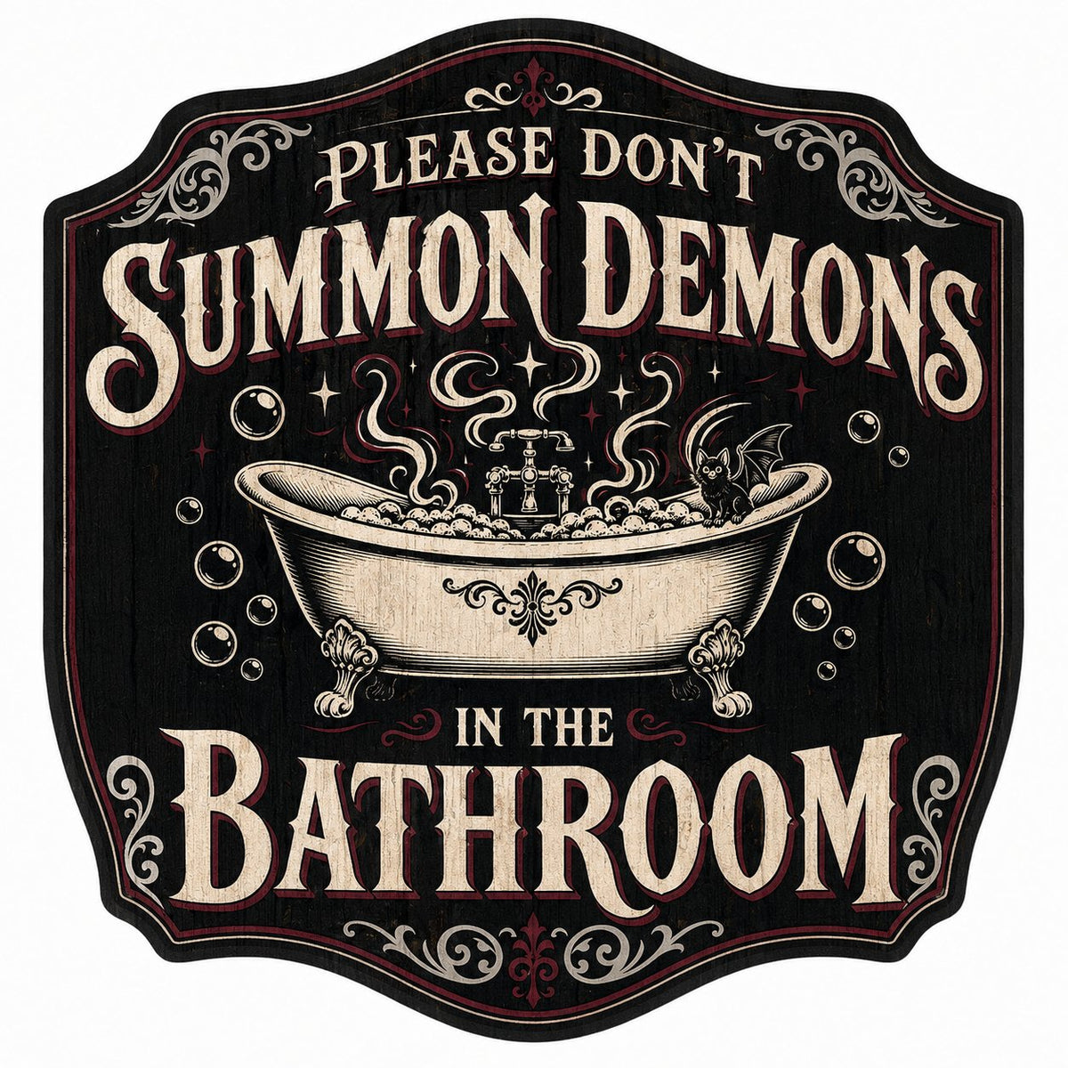 Ornate plaque with tub, bat-winged black cat, bubbles, stars, and 'Please Don't Summon Demons in the Bathroom'.