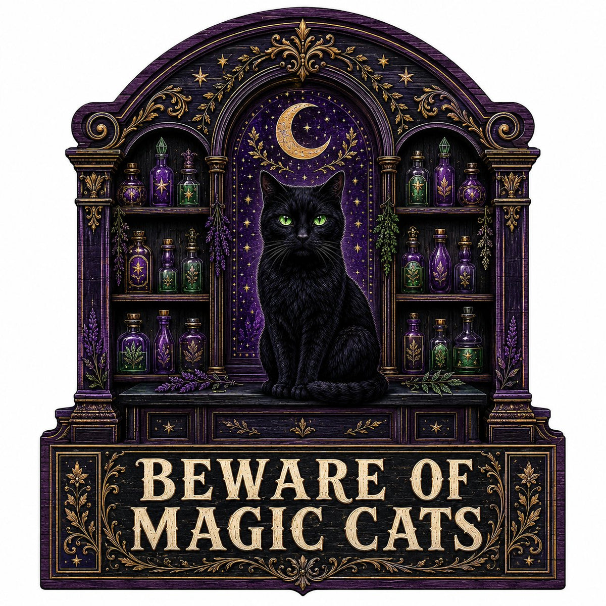 Arched wooden sign with a black cat, crescent moon, night sky, and potion shelves reading Beware of Magic Cats.