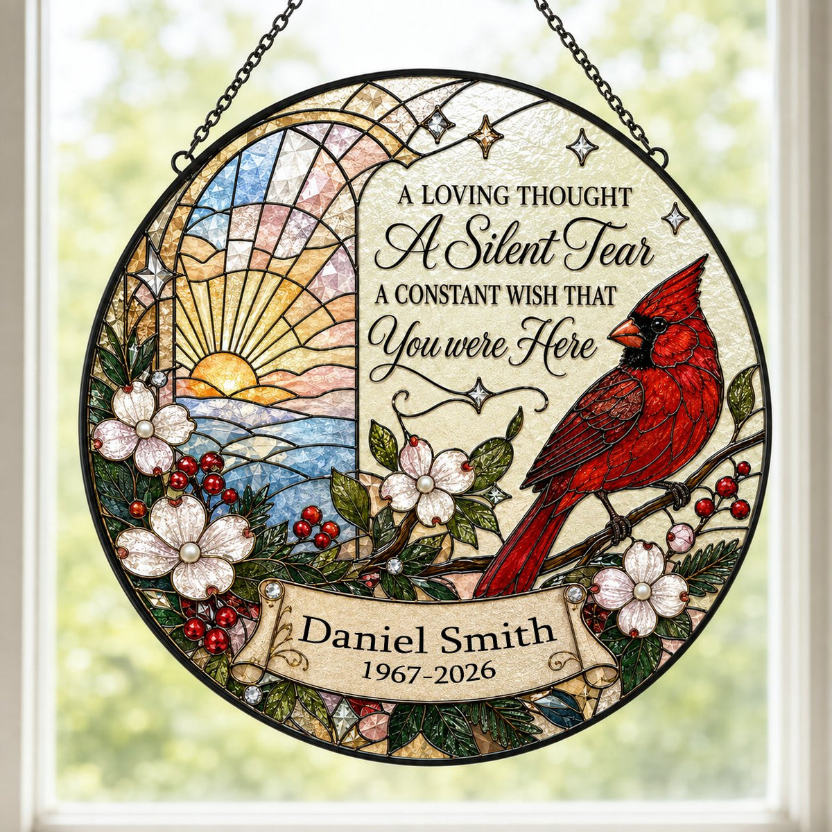 Personalized Red Cardinal Ocean Sunrise A Silent Tear Memorial Stained Glass Round Suncatcher