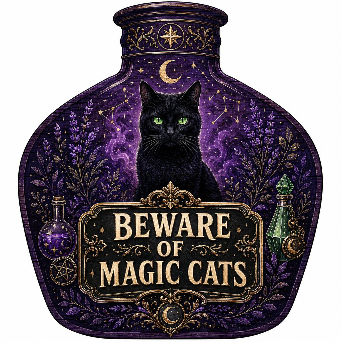 Potion bottle-shaped wooden sign with a black cat, moon, stars, lavender, and the text 'BEWARE OF MAGIC CATS'