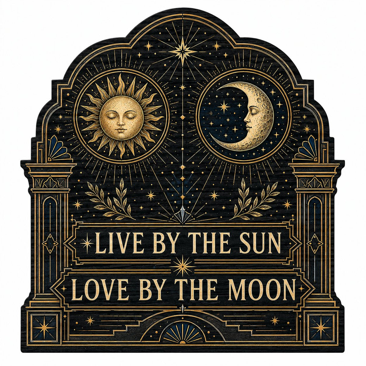 Arched wooden sign with sun and moon faces, constellations, and 'Live By The Sun, Love By The Moon'.