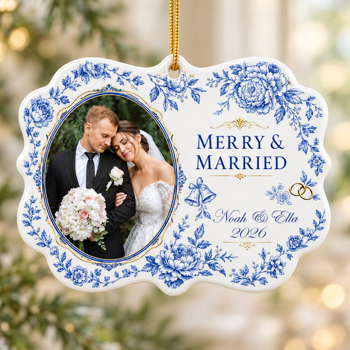 Scalloped ceramic ornament with blue floral border, 'MERRY & MARRIED', gold rings and bells, and a couple photo frame.