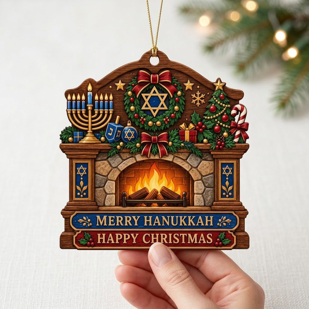 Wood ornament shaped like a fireplace mantel with a menorah, dreidel, wreath, and the words MERRY HANUKKAH and HAPPY CHR