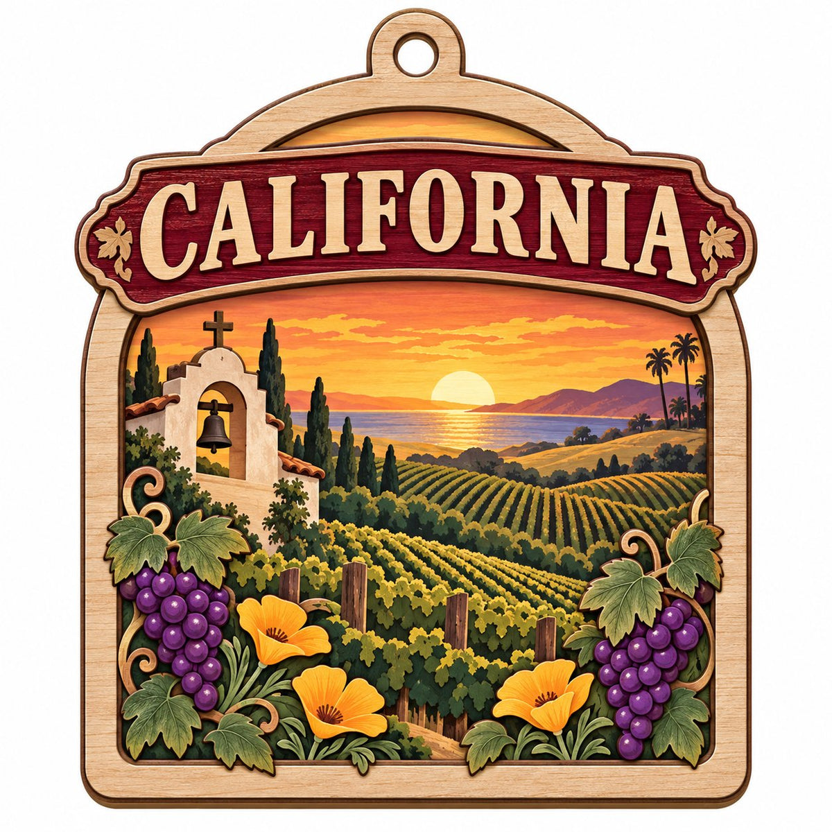 Wood ornament with red banner, California mission, vineyards, poppies, grapes, palms, mountains, and ocean sunset.