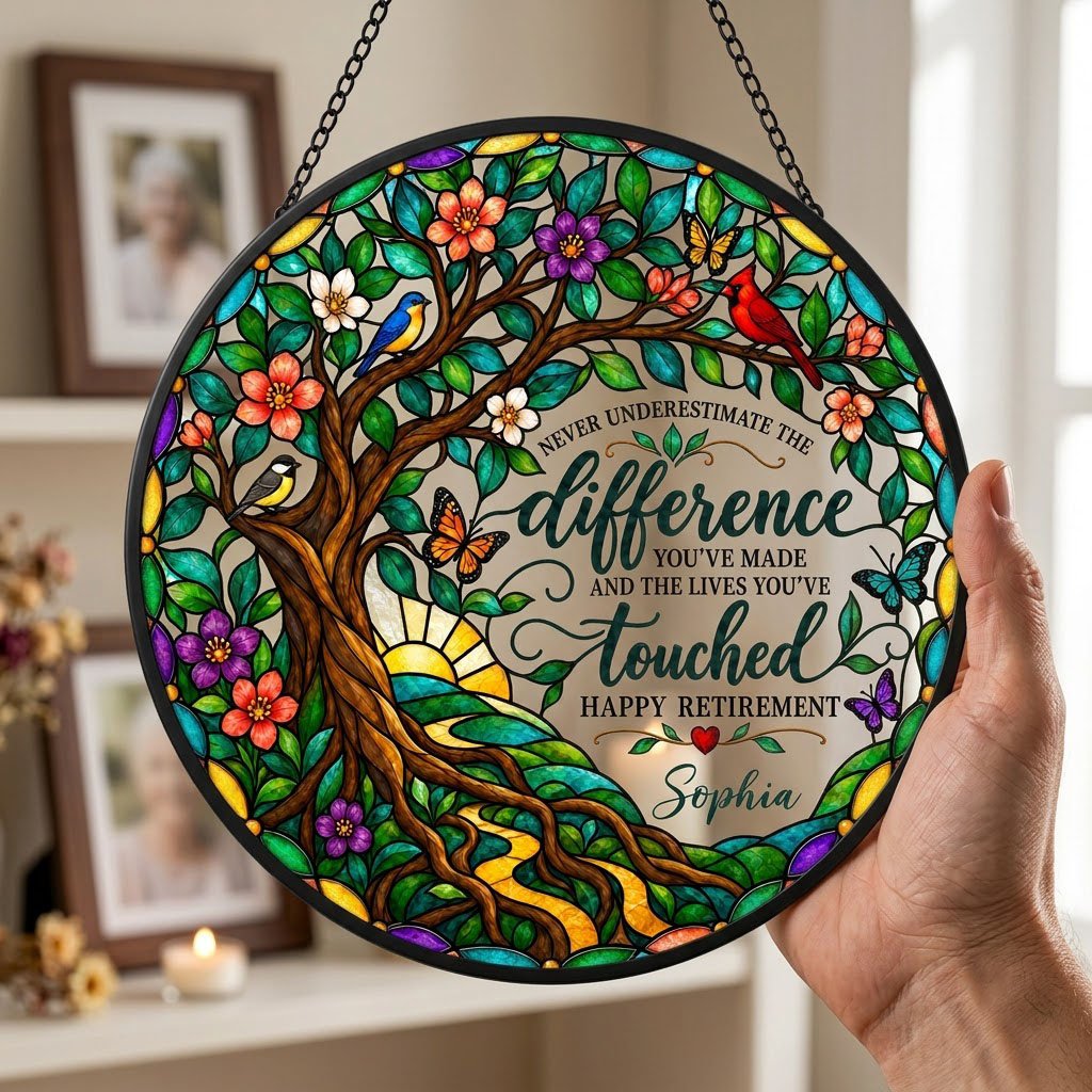 Personalized Retirement Tree of Life Songbirds Never Underestimate The Difference Happy Retirement Stained Glass Round Suncatcher