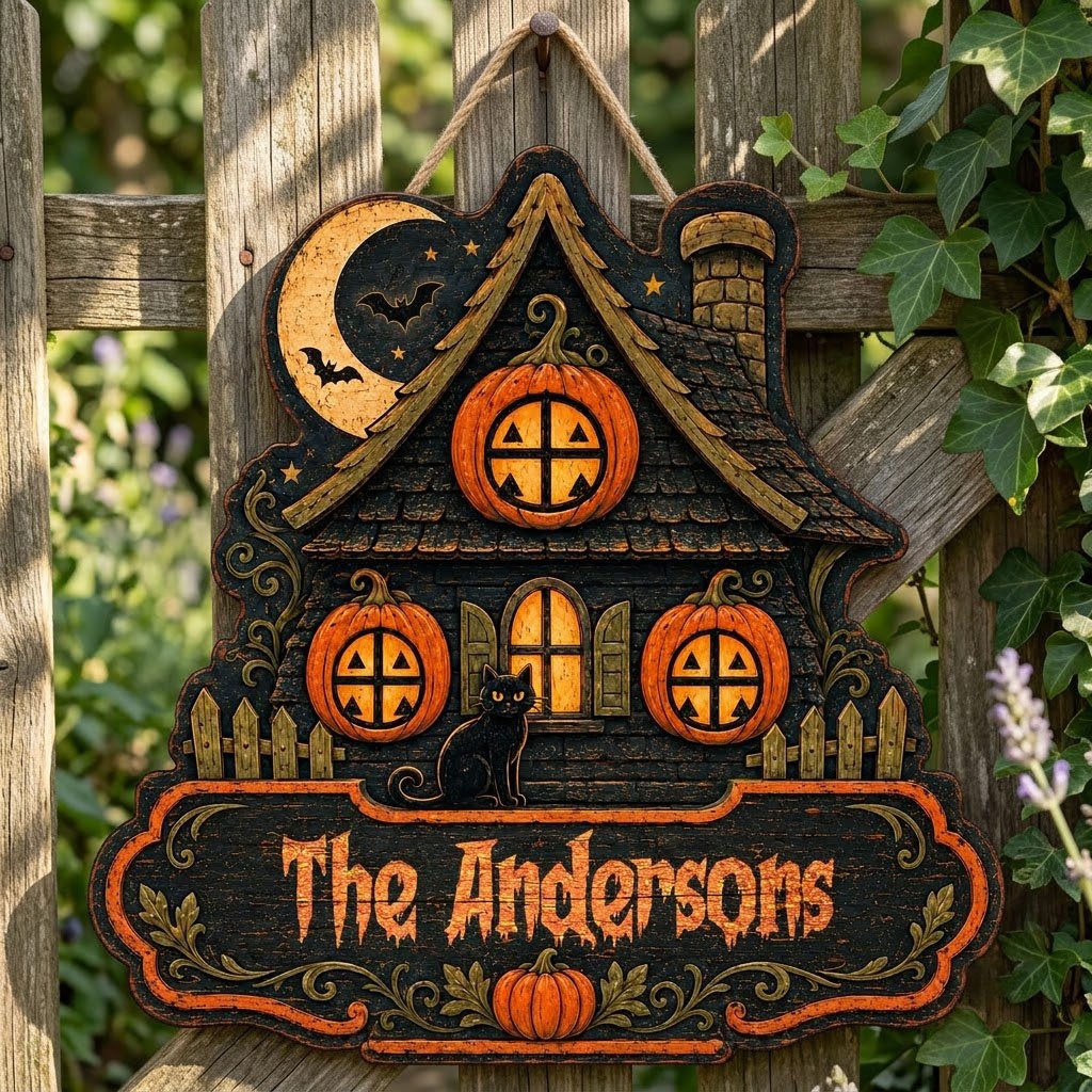 Custom-cut haunted house wooden sign with moon, bats, pumpkin windows, black cat, picket fences, and a family name banne
